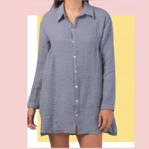 ZARA Blue Gray‎ Cotton Gauze Crinkle Babydoll Tunic Dress XS